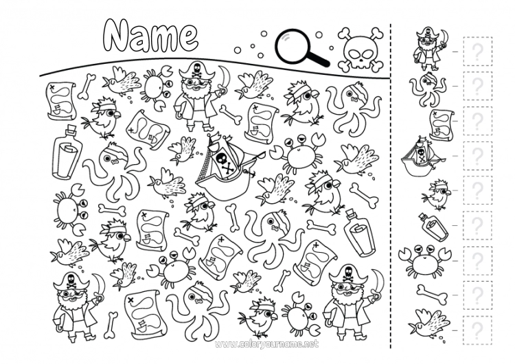 Coloring page to print Pirate Children's activities Crab I spy Marine or aquatic animals Octopus