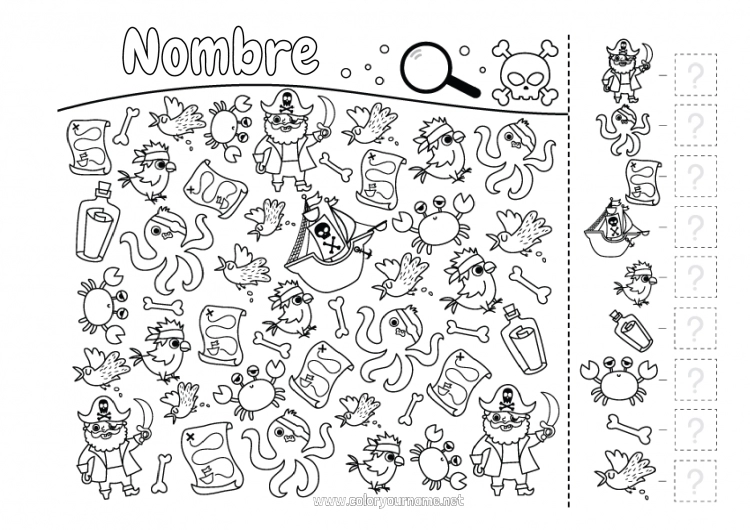 Dibujo para colorear para imprimir Pirata Actividades para niños Cangrejo Buscar y encontrar Animales marinos o acuáticos Pulpo