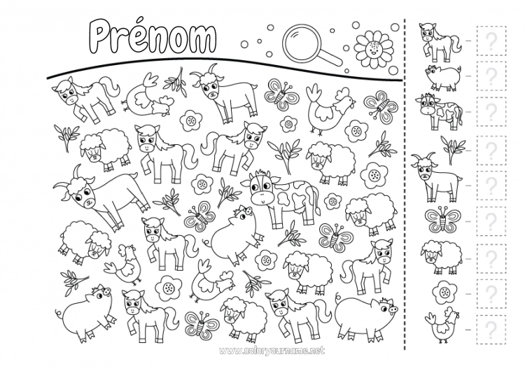 Coloriage à imprimer Mouton Cheval Poule Cochon Activités enfants Animal Vache Cherche et trouve Animaux de la ferme