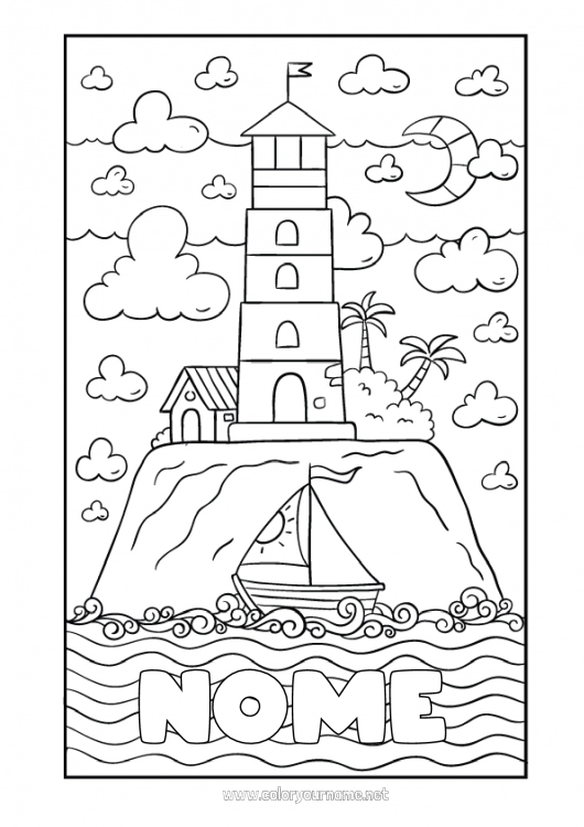 Página de desenho para imprimir Mar Barco Veleiro Farol Ilha Veículos marítimos