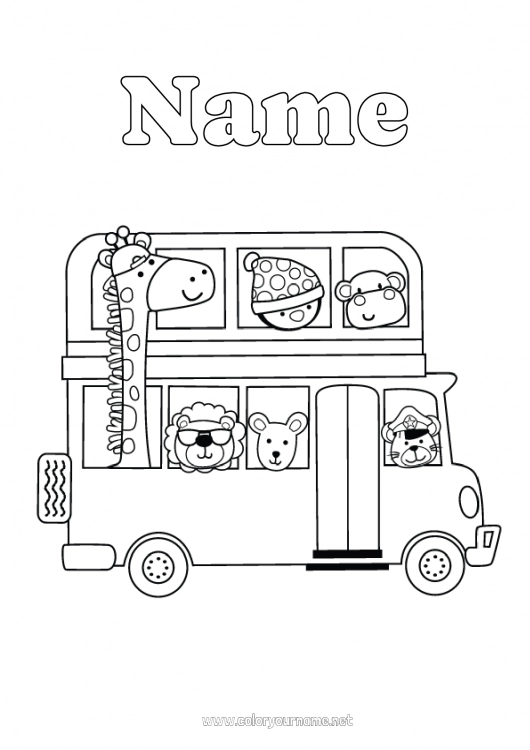 Coloring page to print Giraffe Lion Vehicles Penguin Animal Bus, coach Flying birds and mammals Wild animals of Africa Ground public transport Back to School