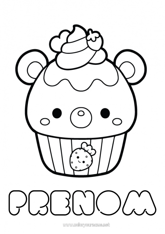 Coloriage à imprimer Kawaii Fruits Gourmandises, sucreries Cupcake Fraise