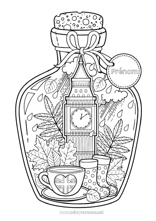 Coloriage à imprimer Automne Tasse Feuilles Londres Royaume-Uni Boisson Pluie Bottes Bouteille