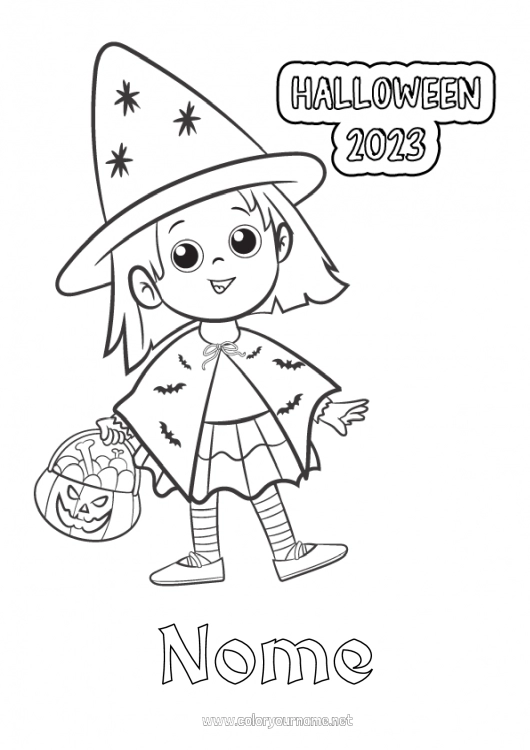 Página de desenho para imprimir Bruxa Doce ou travessura? Halloween 2023 Mágico Inscrição 