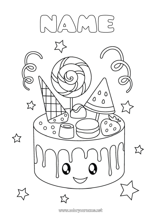 Coloring page to print Sweets Cake Kawaii Treats Lollipop Marshmallows Macaron