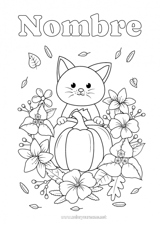 Dibujo para colorear para imprimir Calabaza Flores Cat Hojas Perros y gatos