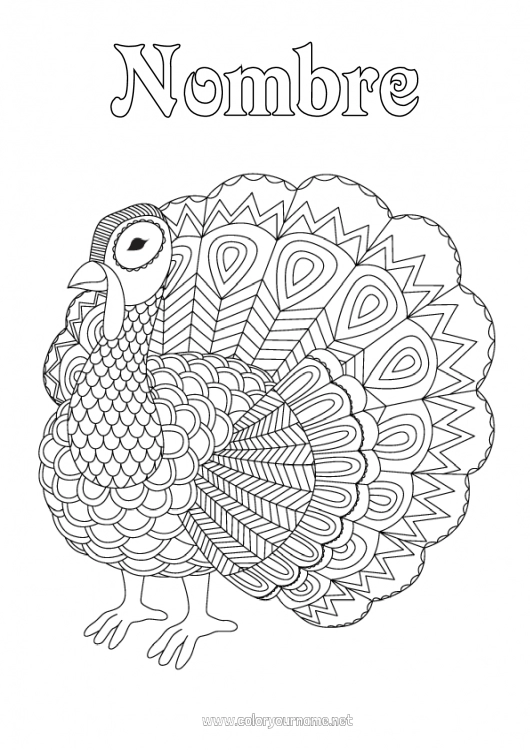 Dibujo para colorear para imprimir Animales Pavo real Dibujos complejos para colorear Zentangle Aves y mamíferos voladores