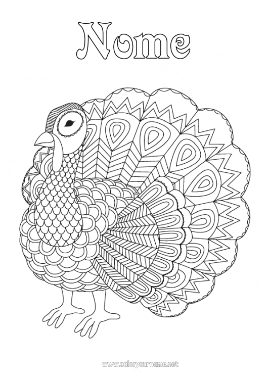 Página de desenho para imprimir Animal Pavão Colorações Complexas Zentangle Pássaros e mamíferos voadores