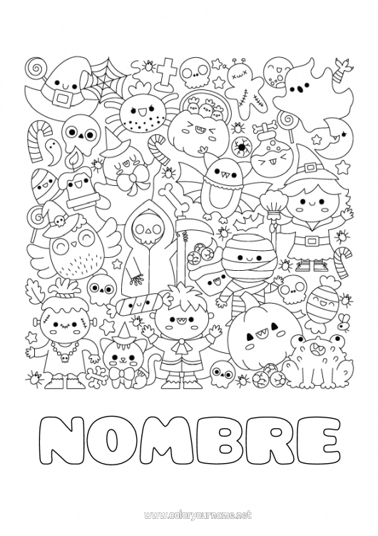 Dibujo para colorear para imprimir Fantasma Momia Calabaza Esqueleto Bruja Gato negro Halloween Kawaii Jack O'Lantern Simbolos Dibujos complejos para colorear