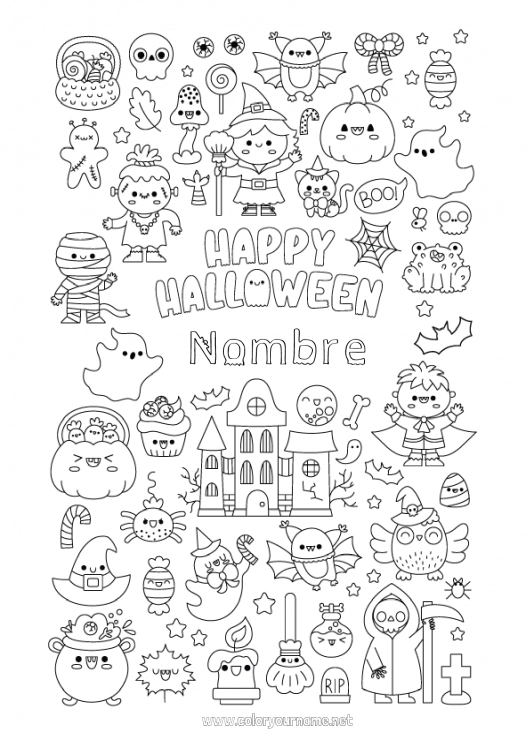 Dibujo para colorear para imprimir Vampiro Murciélago Escoba Fantasma Monstruo Momia Esqueleto Gato negro Truco o trato Halloween Kawaii Jack O'Lantern Simbolos Aves y mamíferos voladores Manor embrujado Inscripción 