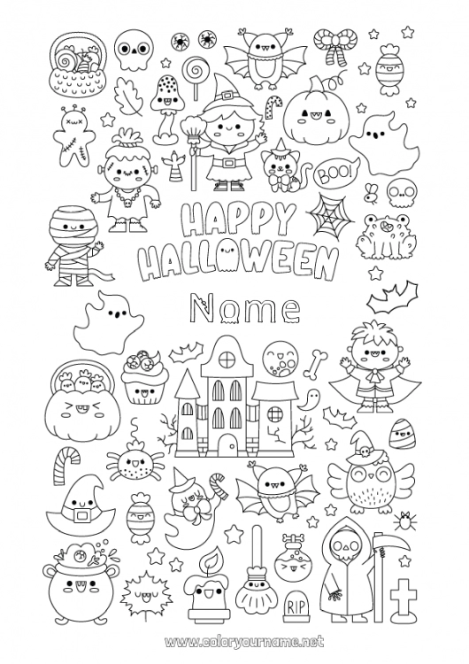 Pagina da colorare da stampare Vampiro Pipistrello Scopa Fantasma Mostro Mummia Scheletro Gatto nero Dolcetto o scherzetto? Halloween Kawaii Jack O'Lantern Simboli Uccelli e mammiferi volanti Maniero infestato Iscrizione 