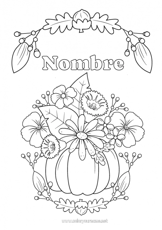 Dibujo para colorear para imprimir Calabaza Flores Otoño Bellota