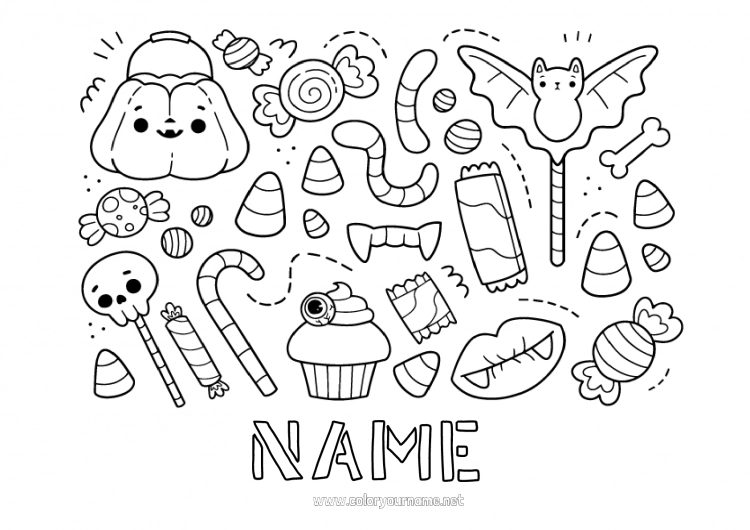 Coloring page to print Sweets Trick or treat Halloween Kawaii Treats Cupcake