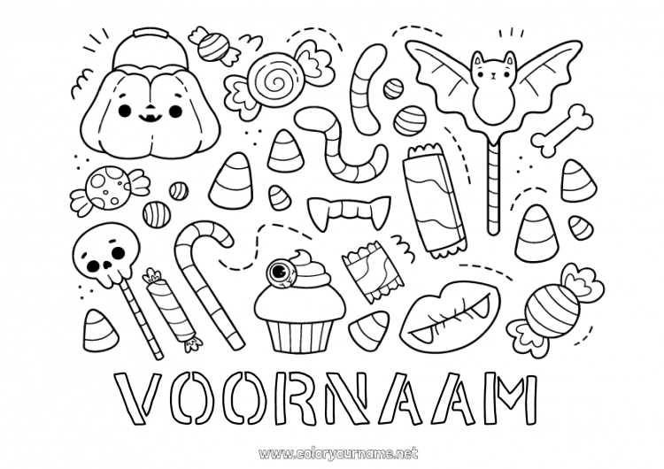 Kleurplaat om af te drukken Snoepjes Snoep of een spreuk? Halloween Kawaii Lekkernijen, zoetigheden Cupcake