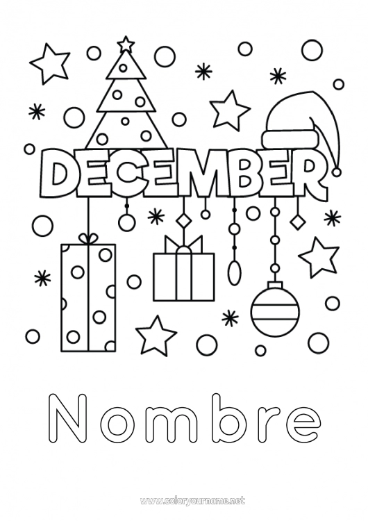 Dibujo para colorear para imprimir Regalos árbol de Navidad Bolas de Navidad Mes del año