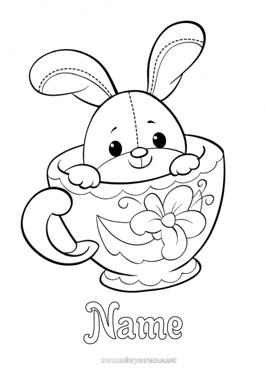 Coloring page to print Cute Flowers Mug Bunny Animal Drinks Forest animals