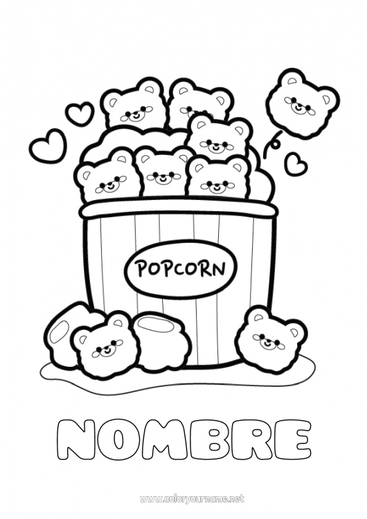 Dibujo para colorear para imprimir Kawaii Osito Cine Palomitas de maíz Golosinas Animales del bosque