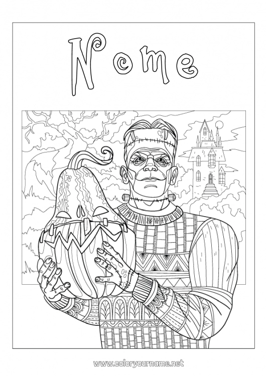 Pagina da colorare da stampare Mostro Zucca Jack O'Lantern Colorazioni complesse Zentangle Frankenstein