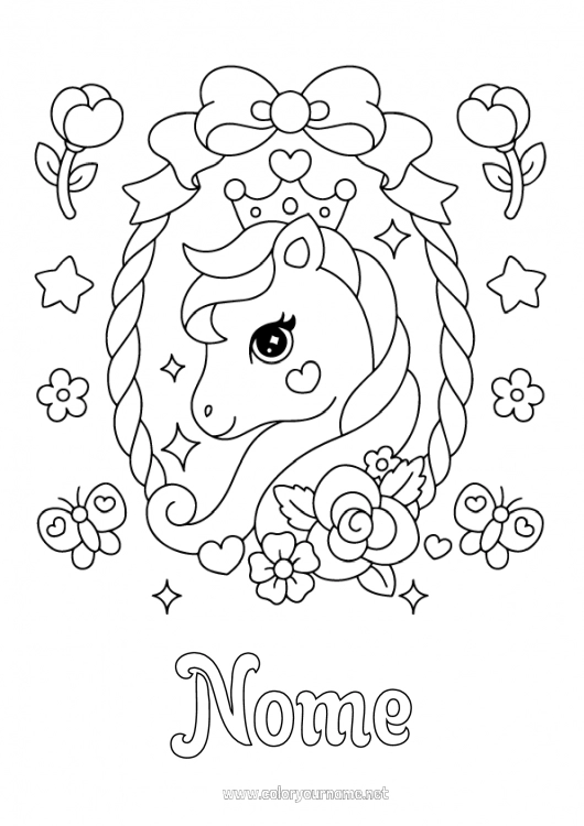 Página de desenho para imprimir Flores Kawaii Cavalo Borboleta Animal Coroa Insetos Animais de fazenda Pônei