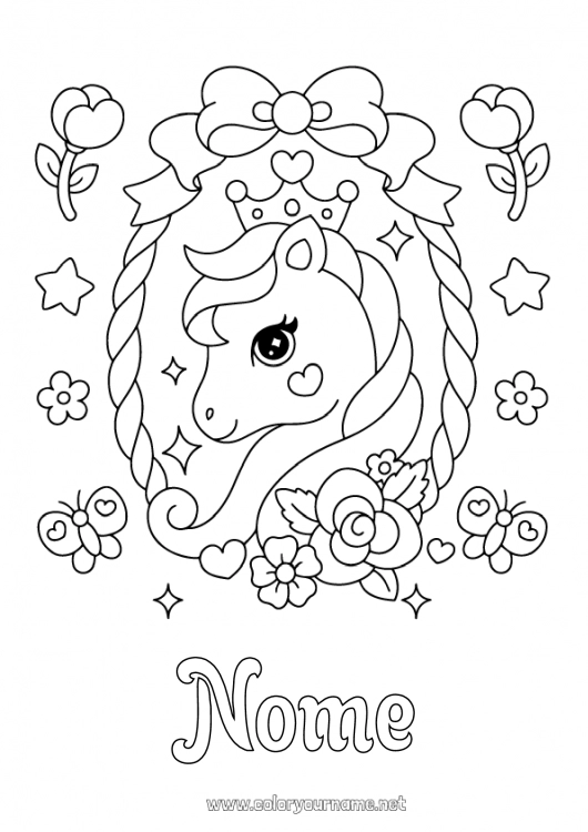 Pagina da colorare da stampare Fiori Kawaii Cavallo Farfalla Animale Corona Insetti Animali da fattoria Pony