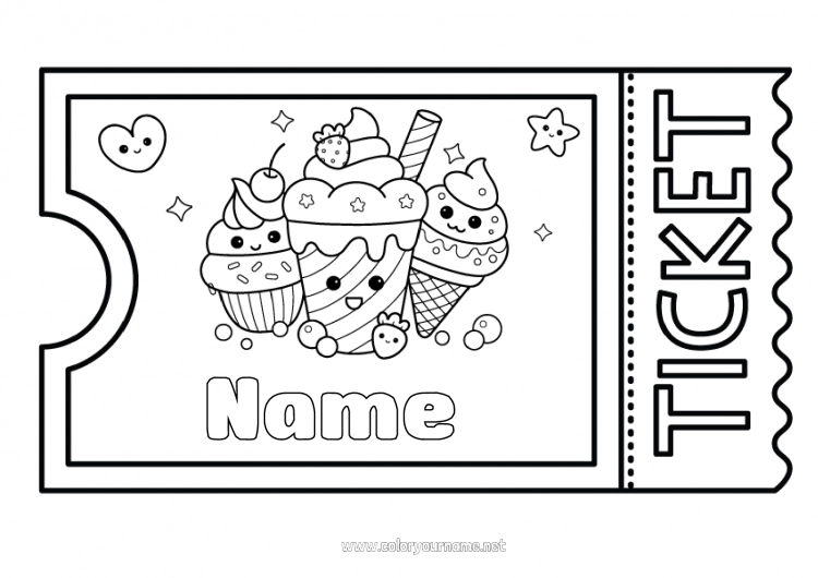 Coloring page to print Kawaii Treats Ice cream Ticket