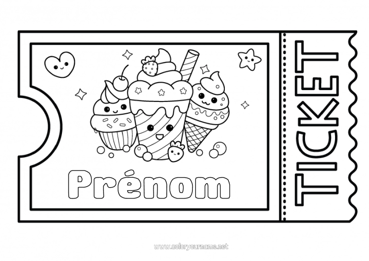 Coloriage à imprimer Kawaii Gourmandises, sucreries Glace Ticket