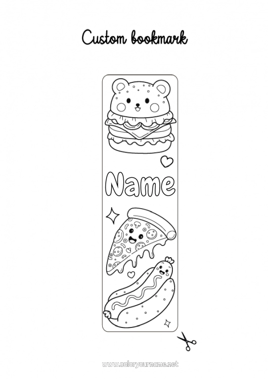 Coloring page to print Kawaii Bookmark Hamburger Pizza Hot dog