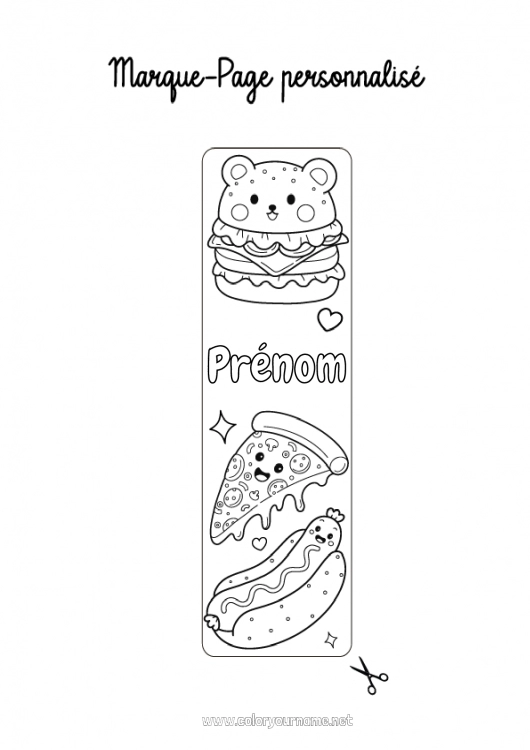 Coloriage à imprimer Kawaii Marque page Hamburger Pizza Hot dog