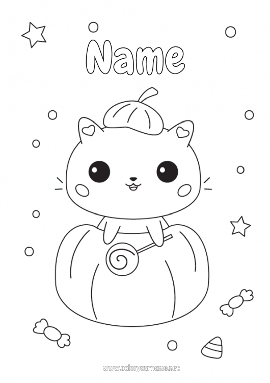 Coloring page to print Sweets Pumpkin Trick or treat Cute Cat Kawaii Animal Dog and cat