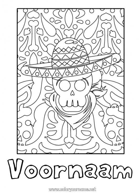 Kleurplaat om af te drukken Schedel Dia de los Muertos Hoed Mexico Zentangle