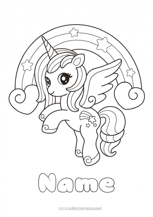 Coloring page to print Kawaii Unicorn Animal Rainbow Dragons, unicorns and fantastic animals