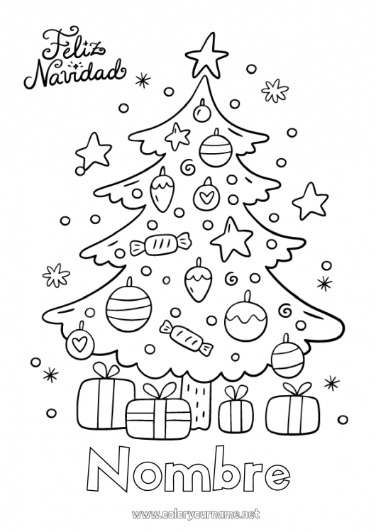 Dibujo para colorear para imprimir Regalos árbol de Navidad Navidad Decoración navideña Mensaje “Feliz Navidad”