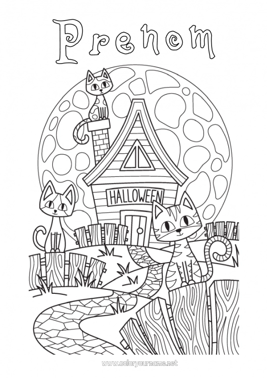 Coloriage à imprimer Chat noir Chat Halloween Animal Lune Chiens et chats Manoir hanté Inscription "halloween"