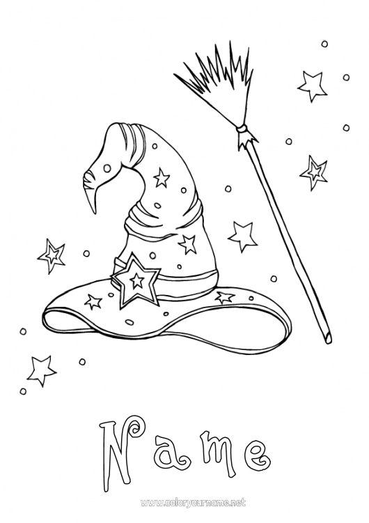 Coloring page to print Broomstick Witch Halloween Hat