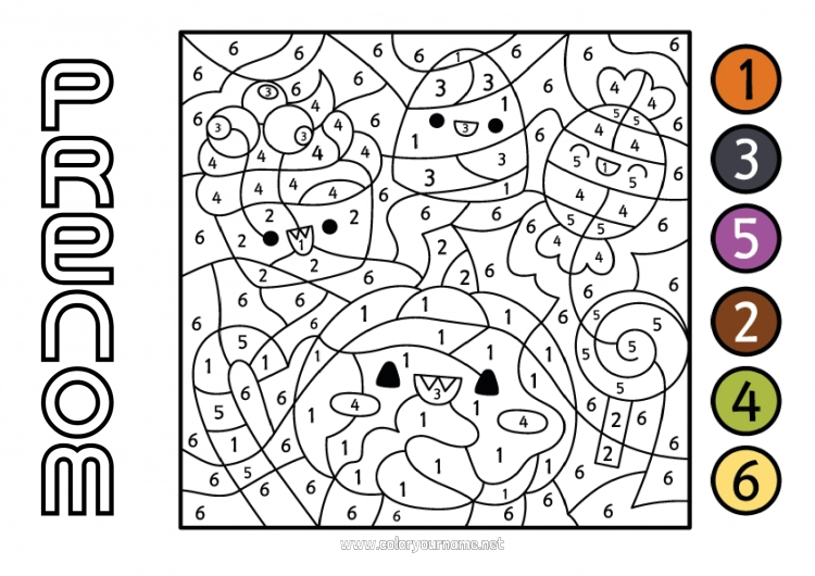 Coloriage à imprimer Bonbons Citrouille Halloween Kawaii Chiffre Coloriages magiques Activités enfants Gourmandises, sucreries