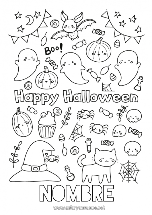 Dibujo para colorear para imprimir Murciélago Fantasma Calabaza Araña Gato negro Lindo Halloween Insectos Perros y gatos Aves y mamíferos voladores Inscripción 