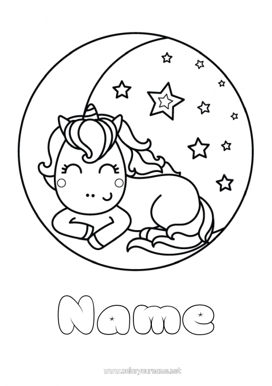 Coloring page to print Kawaii Unicorn Animal Moon Dragons, unicorns and fantastic animals