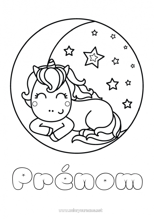 Coloriage à imprimer Kawaii Licorne Animal Lune Dragons, licornes et animaux fantastiques