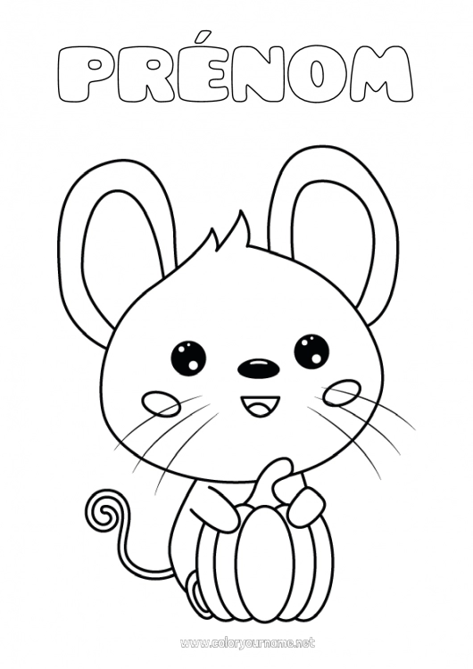 Coloriage à imprimer Citrouille Mignon Halloween Automne Souris Animal Animaux de la forêt