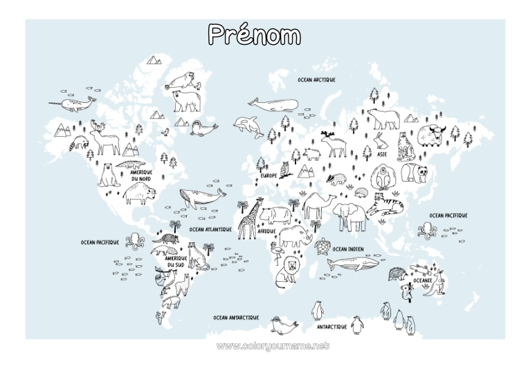 Coloriage à imprimer Animal Géographie Carte du monde Voyage de l'elfe de Noël Carte tour du monde des lutins farceurs