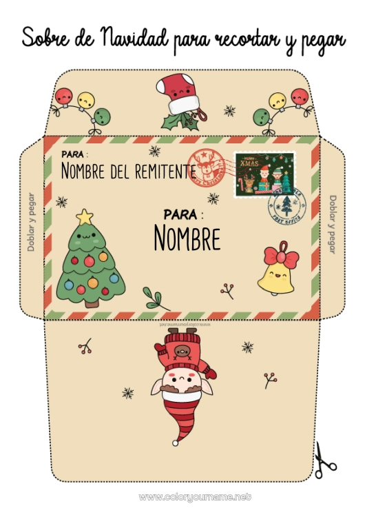 Dibujo para colorear para imprimir árbol de Navidad Elfos de navidad Navidad Cartas de elfos bromistas Sobre Sobre para imprimir Viaje del duende navideño Sobre de Navidad Sobre para el correo del elfo de Navidad