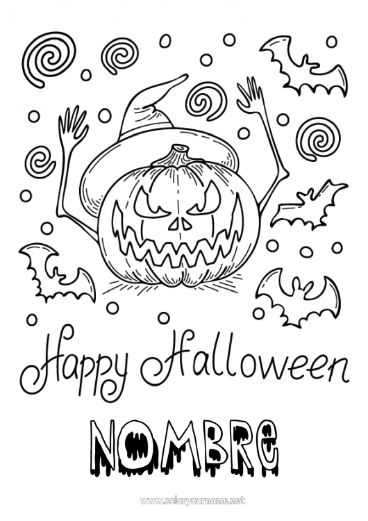 Dibujo para colorear para imprimir Murciélago Calabaza Halloween Jack O'Lantern Aves y mamíferos voladores Inscripción 