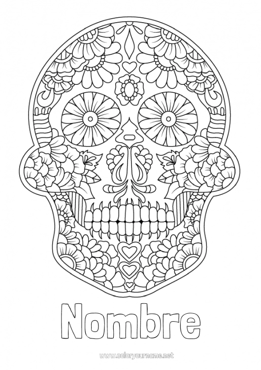 Dibujo para colorear para imprimir Flores Calavera Día de los Muertos México Calaveras