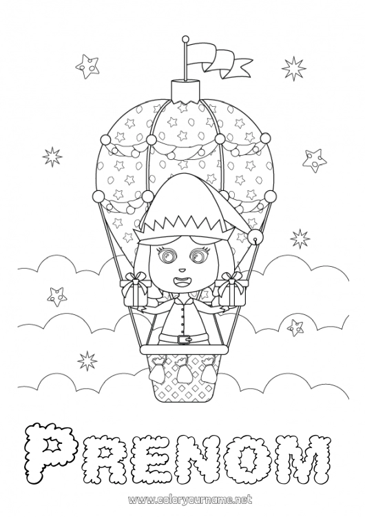 Coloriage à imprimer Cadeaux Lutins de Noël Noël Coloriages lutins Montgolfière Véhicules aériens