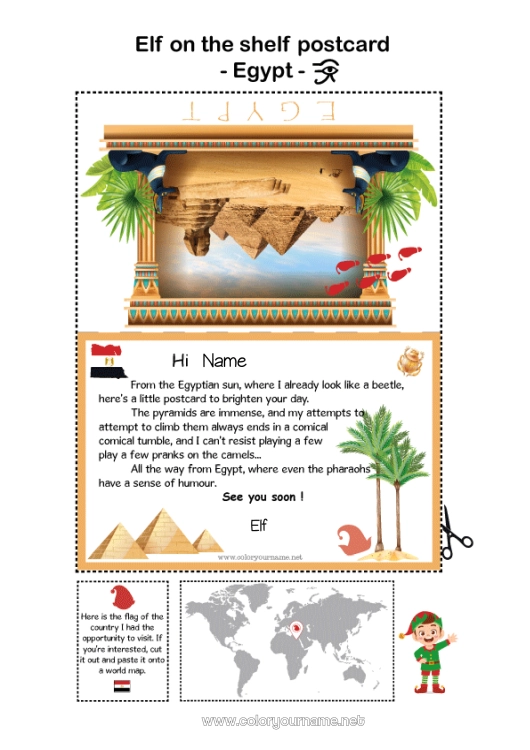 Coloring page to print Egypt Elf on the Shelf Trip Postcard Postcard of a SINGLE elf