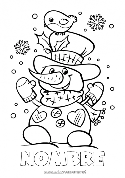 Dibujo para colorear para imprimir Nieve Invierno Muñeco de nieve Navidad Pájaro Aves y mamíferos voladores