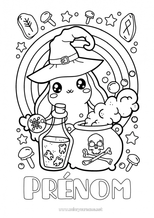 Coloriage à imprimer Chaudron magique Kawaii Lapin Chapeau Animaux de la forêt Magicien