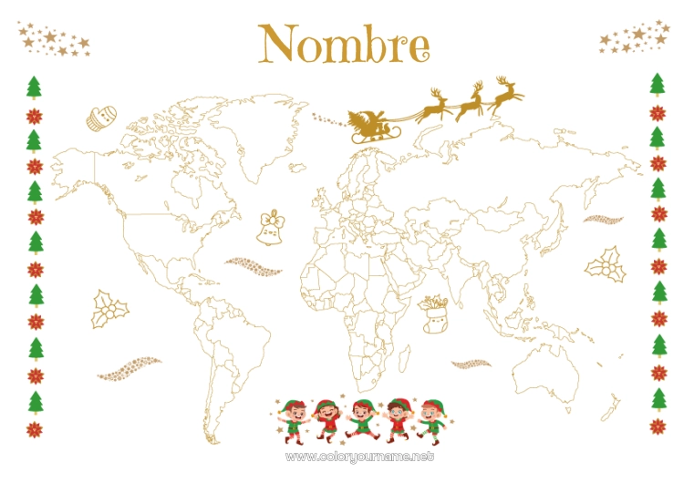 Dibujo para colorear para imprimir Elfos de navidad Geografía Mapa del mundo Viaje del duende navideño Mapa de la Vuelta al Mundo de los Duendes