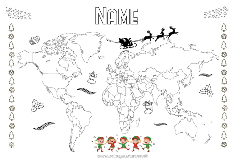 Coloring page to print Christmas elves Geography World Map Elf on the Shelf Trip Elf World Tour Map