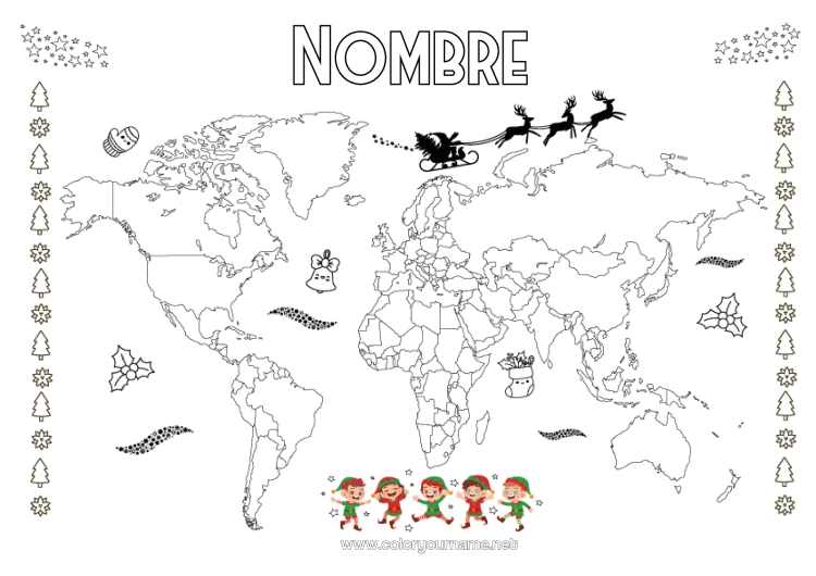 Dibujo para colorear para imprimir Elfos de navidad Geografía Mapa del mundo Viaje del duende navideño Mapa de la Vuelta al Mundo de los Duendes